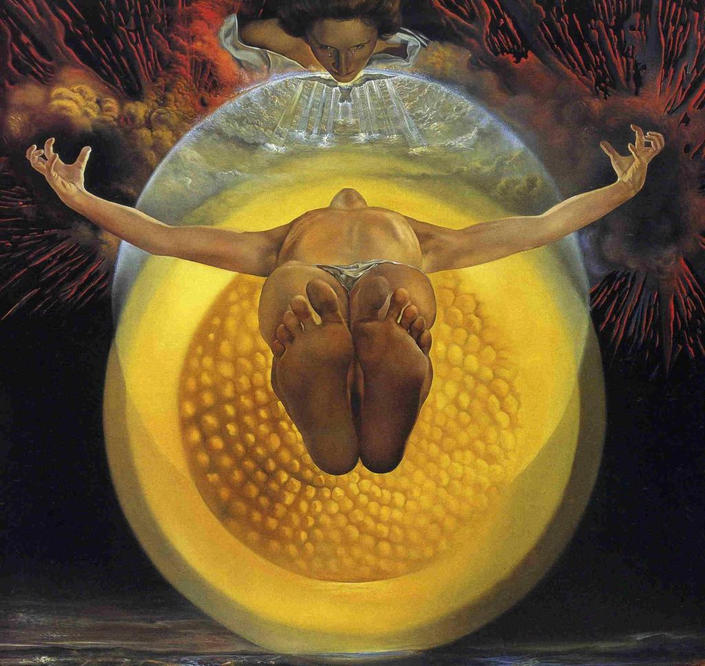 A surreal painting depicting a nude figure suspended in a yellow, circular form, with arms outstretched, beneath a woman emanating light.