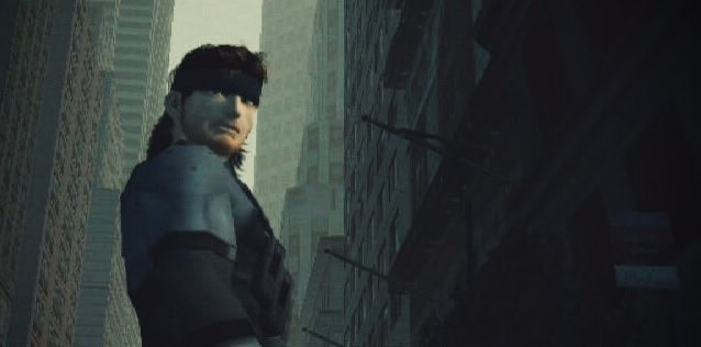 A character in tactical gear with a headband stands in a narrow, urban alleyway surrounded by tall buildings.