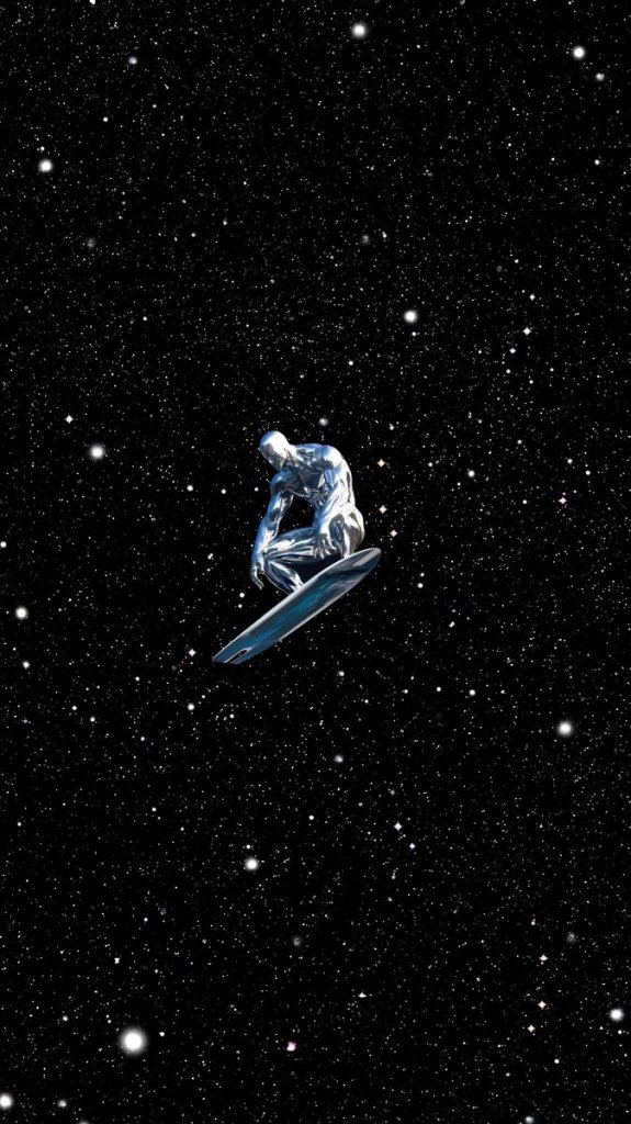 A silver surfer figure riding a board through a starry space background.
