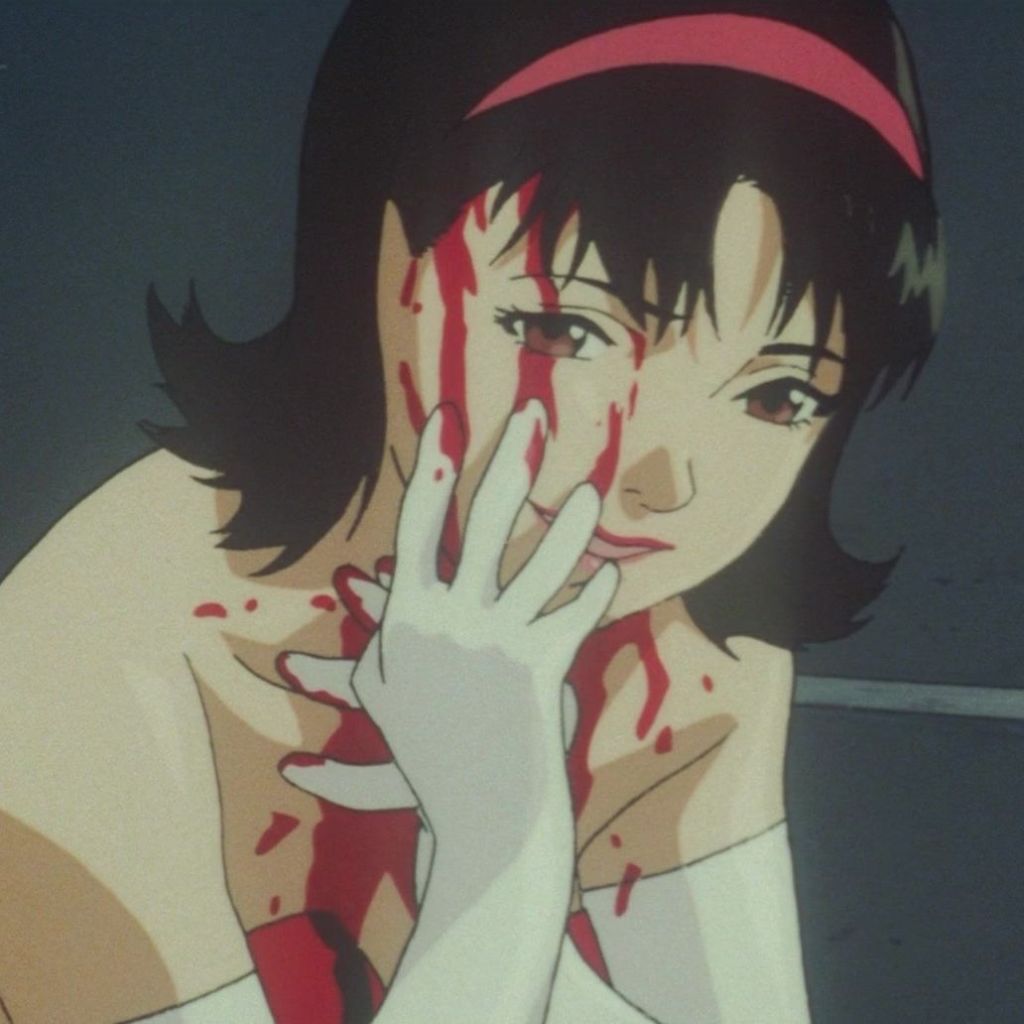 A female anime character with black hair, wearing a pink headband and white gloves, showing a bloodied face and a conflicted expression.