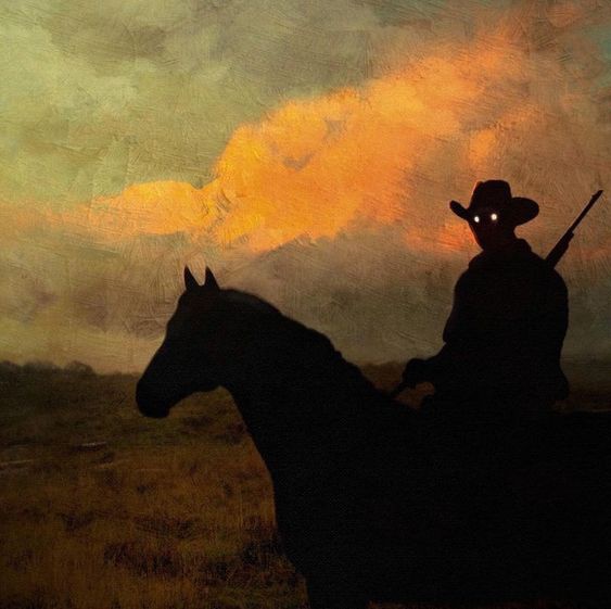 Silhouetted cowboy on horseback against a dramatic sunset sky, with glowing eyes and a rifle.