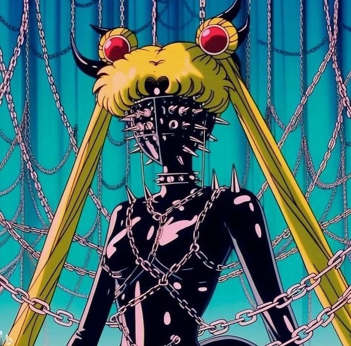 A stylized character with spiked black attire and long yellow hair, set against a colorful background with chains.