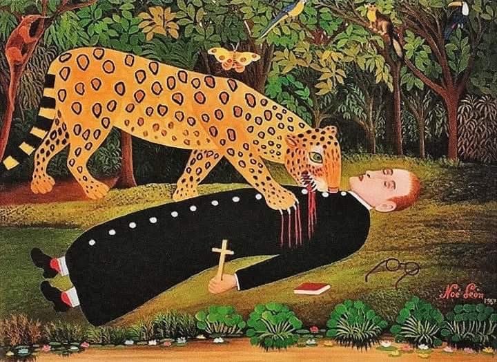 A surreal depiction of a priest lying on the ground with a jaguar attacking him, surrounded by a lush forest background, colorful birds, and vibrant foliage.