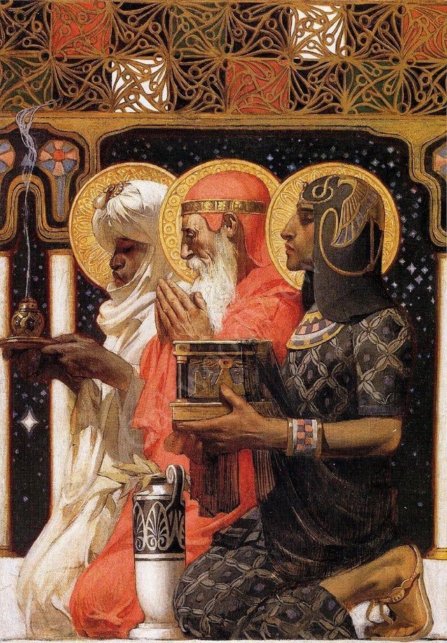 Three figures in ancient attire, one wearing a turban, one in red robes, and another in a black and gold headdress, are depicted in a solemn pose, each holding ceremonial objects. They stand against a detailed, ornamental background.