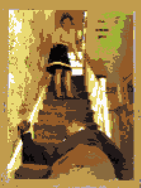 A person in a black skirt is seen descending a staircase with a yellowish wall and light illuminating the scene.